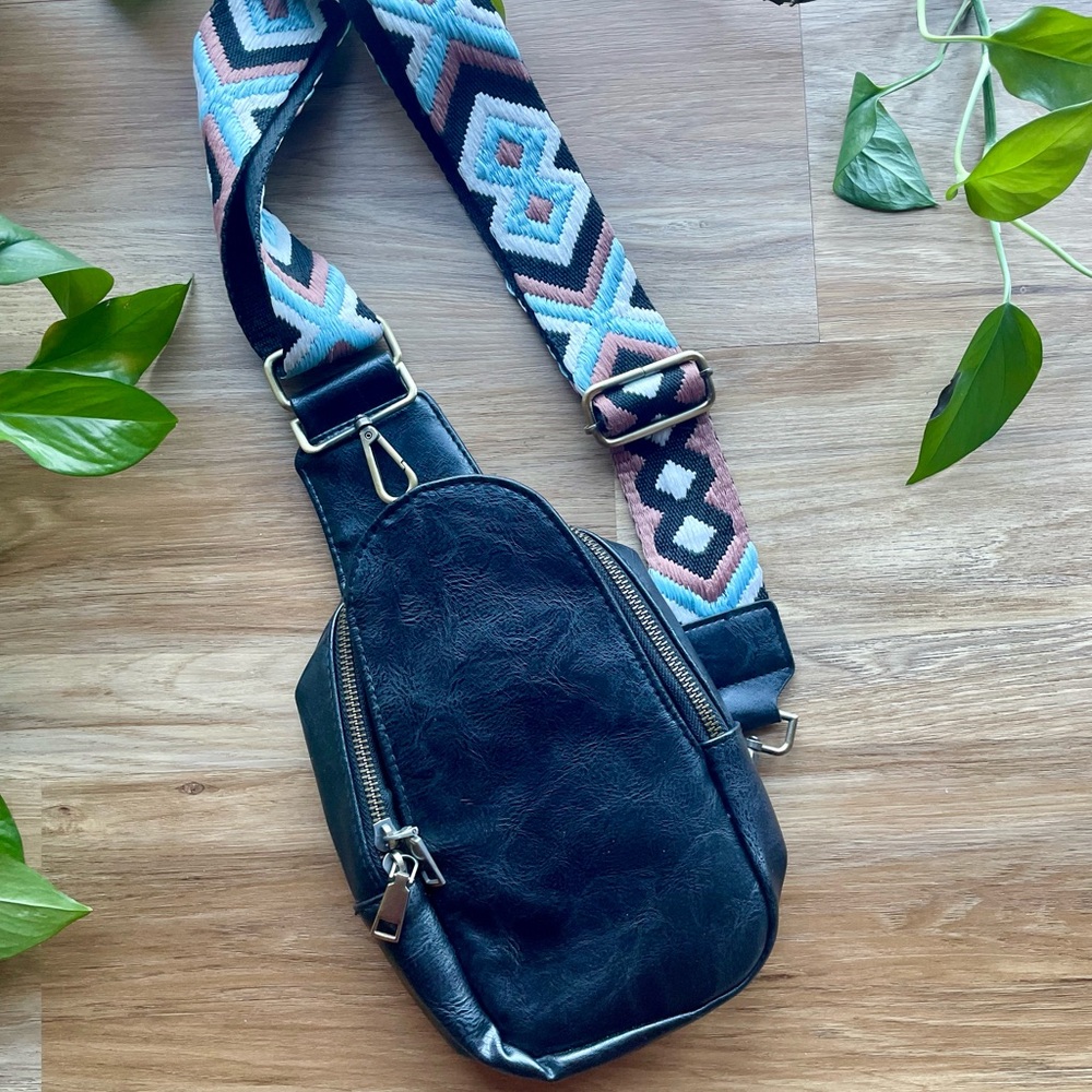 Black Leather Crossbody with Geometric Strap